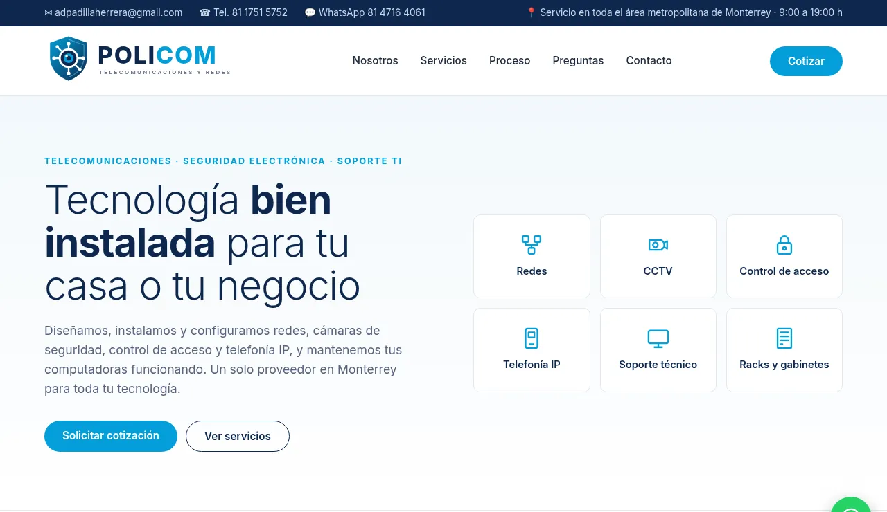Página de inicio de Policom, telecomunicaciones y redes